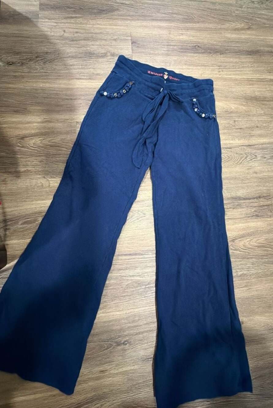 Twisted Heart Navy Blue Wide Leg Sweatpants with Beaded Pocket Detail